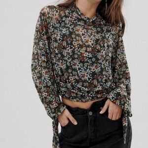 Free People Green High Low Blouse with Tie Front